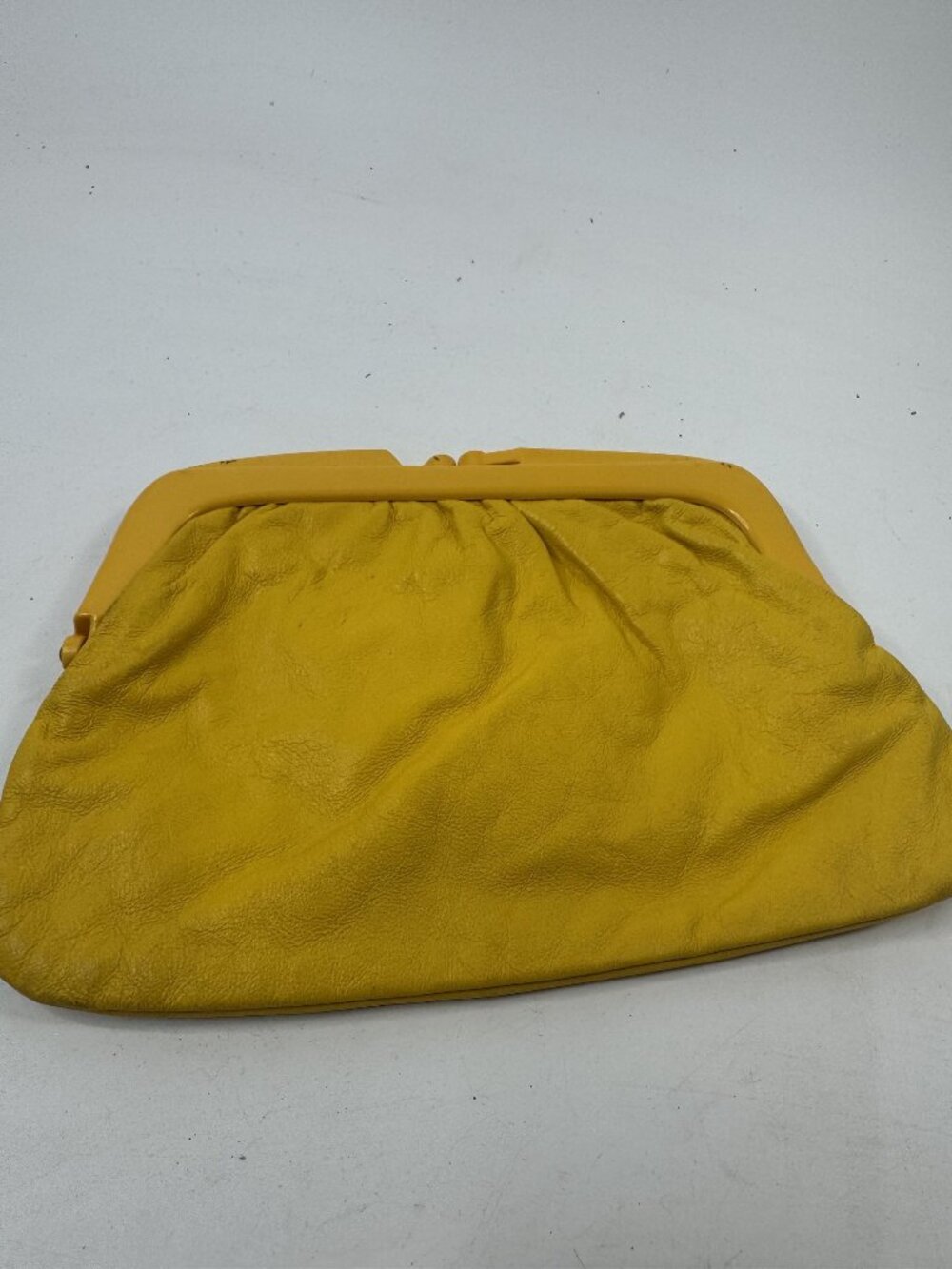 Vintage Yellow Leather Clutch Purse With Snap Closure & Fabric Interior Made In